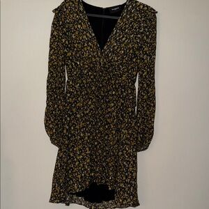 The Kooples Black Floral V-Neck Long Sleeve Dress with Yellow Accents